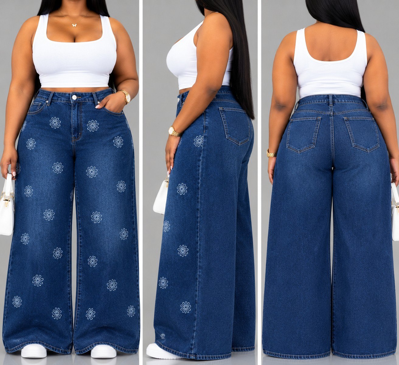 Flower Motif Wide-Legs Denim